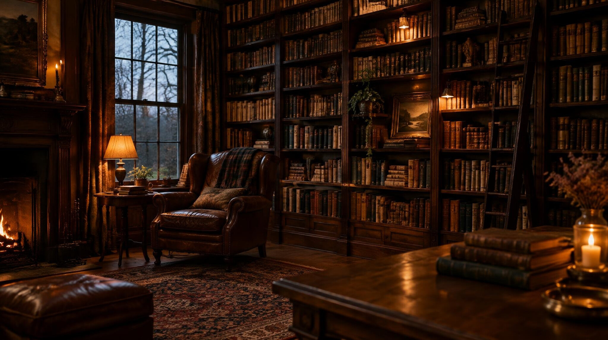 Cozy home library filled with tall wooden bookshelves and warm lighting