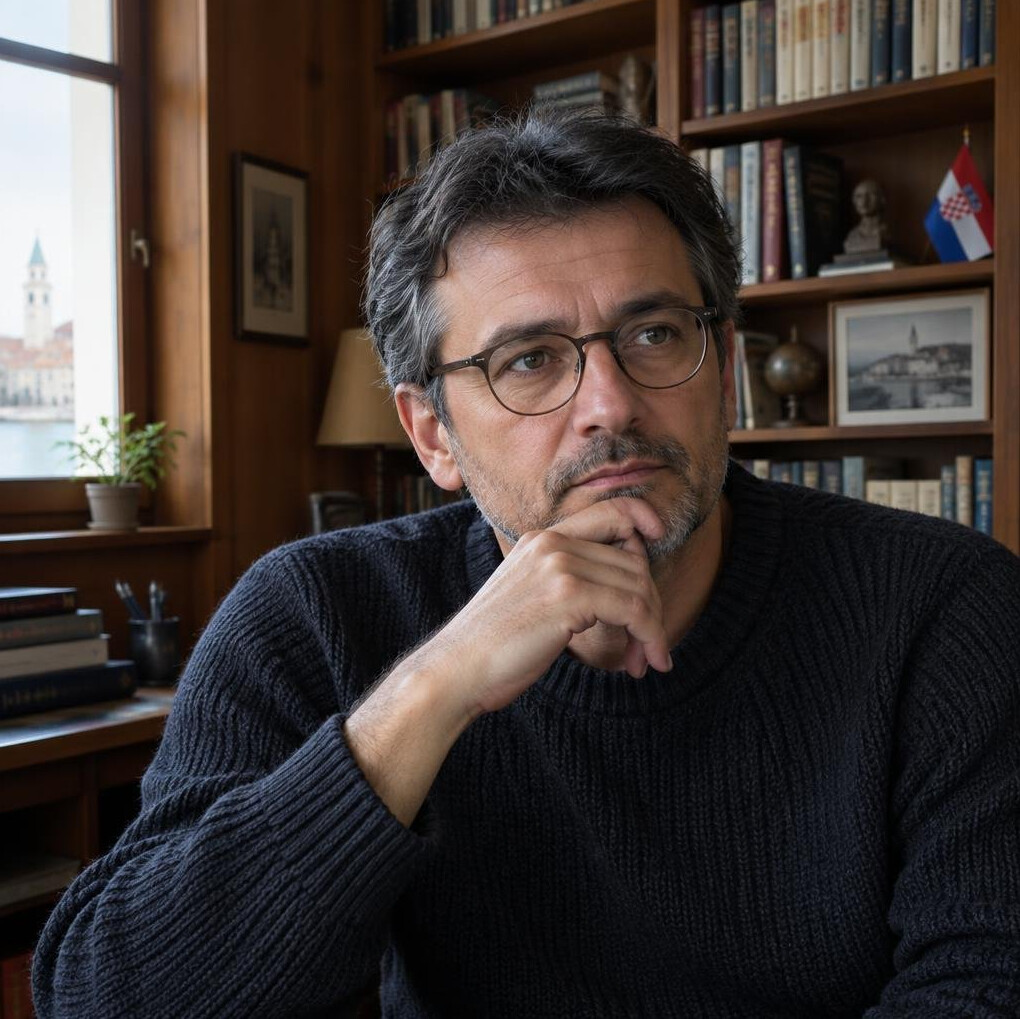 Portrait of a thoughtful middle-aged Croatian man with glasses sitting in a book-filled study